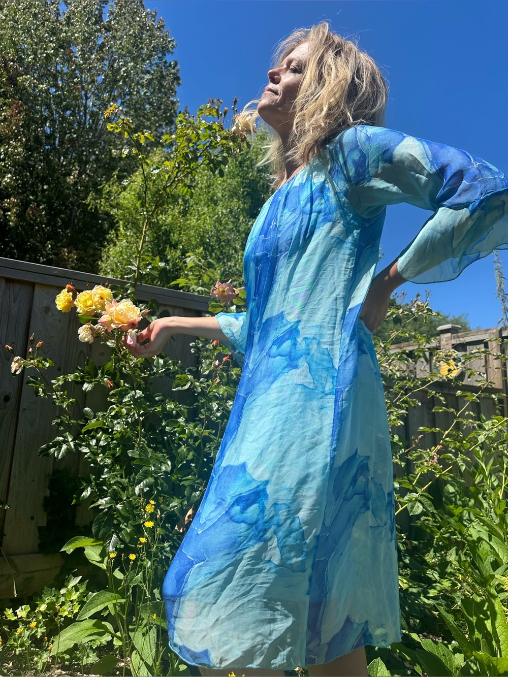 Rosemarine Made In Italy Silk Watercolor Blue Bateau Neck Flowy Sundress